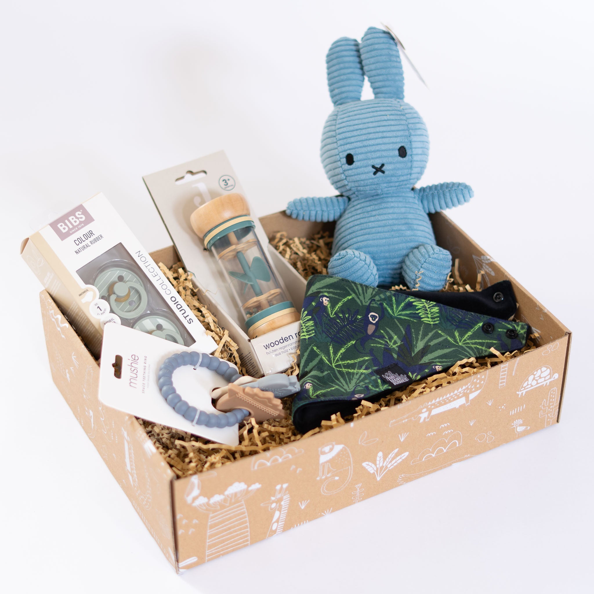 Kraamcadeau pakket Tiny hero in blauw, jollein, nijntje, mushie, bibs en too many bunnies