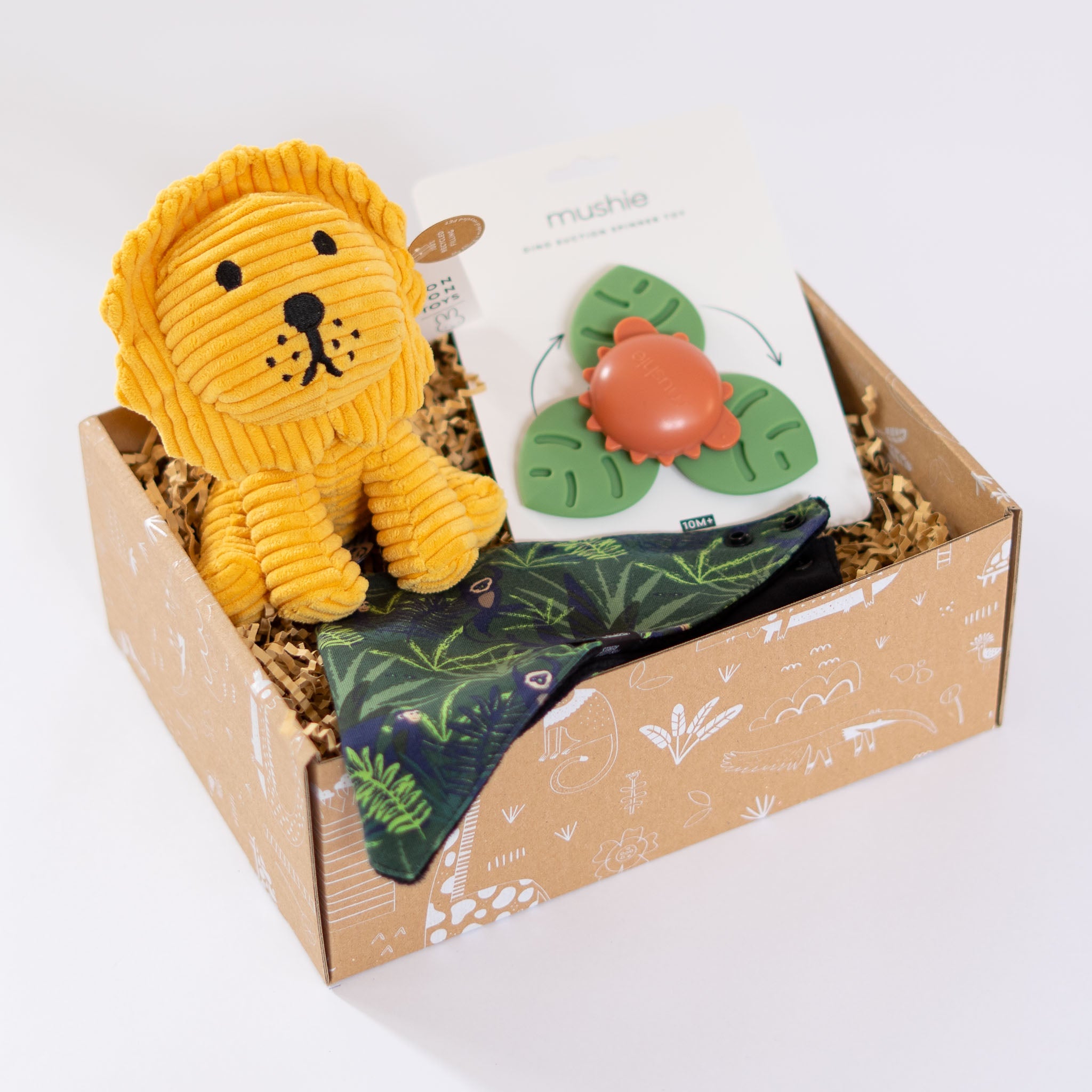 Kraamcadeau pakket Toys & noise met spinner toy, knuffel leeuw en kwijlsjaal