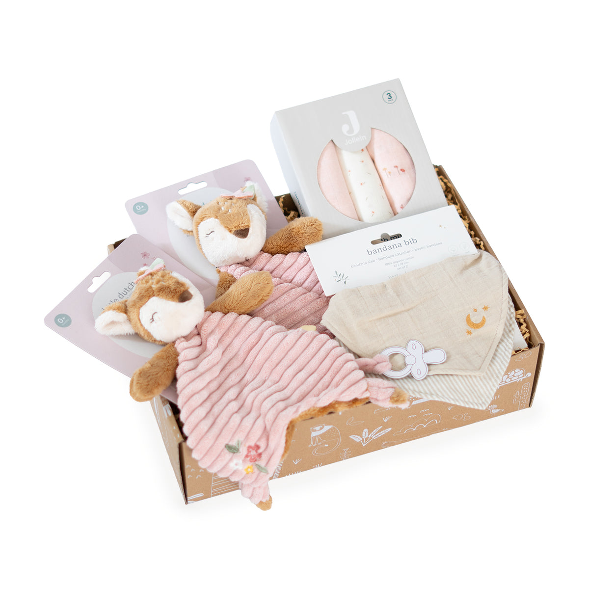 Kraamcadeau tweeling meisjes Two of a Kind met twee Little Dutch hertenknuffeldoekjes, hydrofiele doeken en slabbetjes