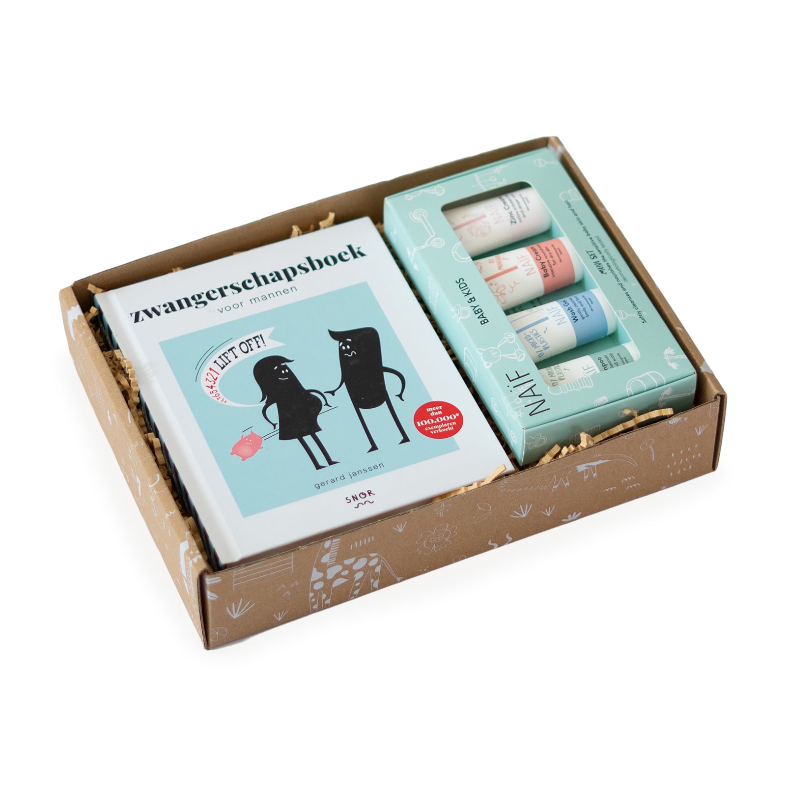 Kraamcadeau vader Super Daddy met Zwangerschapsboek voor mannen en Naïf Mini Set babyverzorging