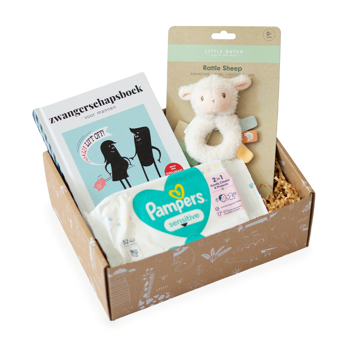 Kraamcadeau voor vader Dad Mode On met Zwangerschapsboek voor mannen, Little Dutch rammelaar en Pampers billendoekjes