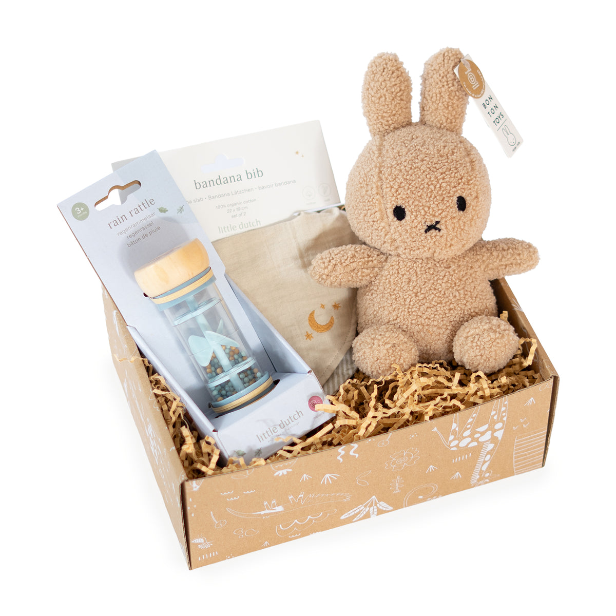 Kraamcadeau jongen Best Buddy met Nijntje knuffel, Little Dutch regenrammelaar en bandana slabbetjes