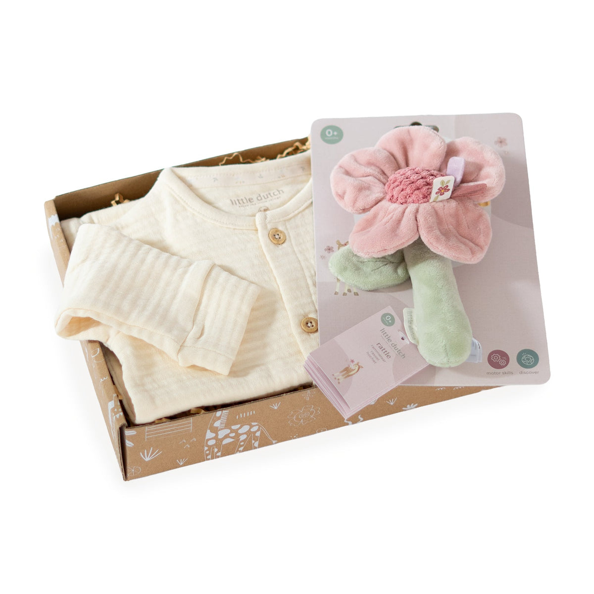 Little Dutch kraamcadeau meisje Wildflower met roze Fairy Garden bloemenrammelaar en beige Newborn Naturals boxpakje