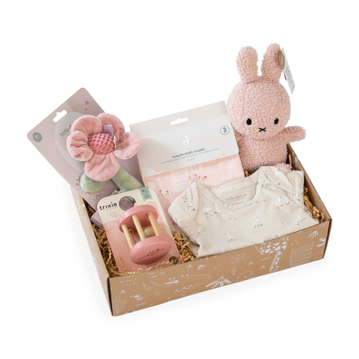Luxe kraamcadeau meisje Pretty Pink met roze Nijntje, Little Dutch speelgoed, romper en hydrofiele monddoekjes