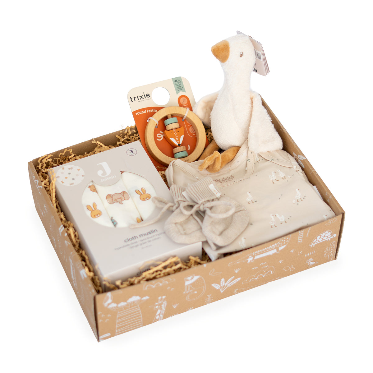 Luxe kraamcadeau Pure Beginnings met Little Dutch romper, babyslofjes, knuffel, rammelaar en Jollein hydrofiele doeken