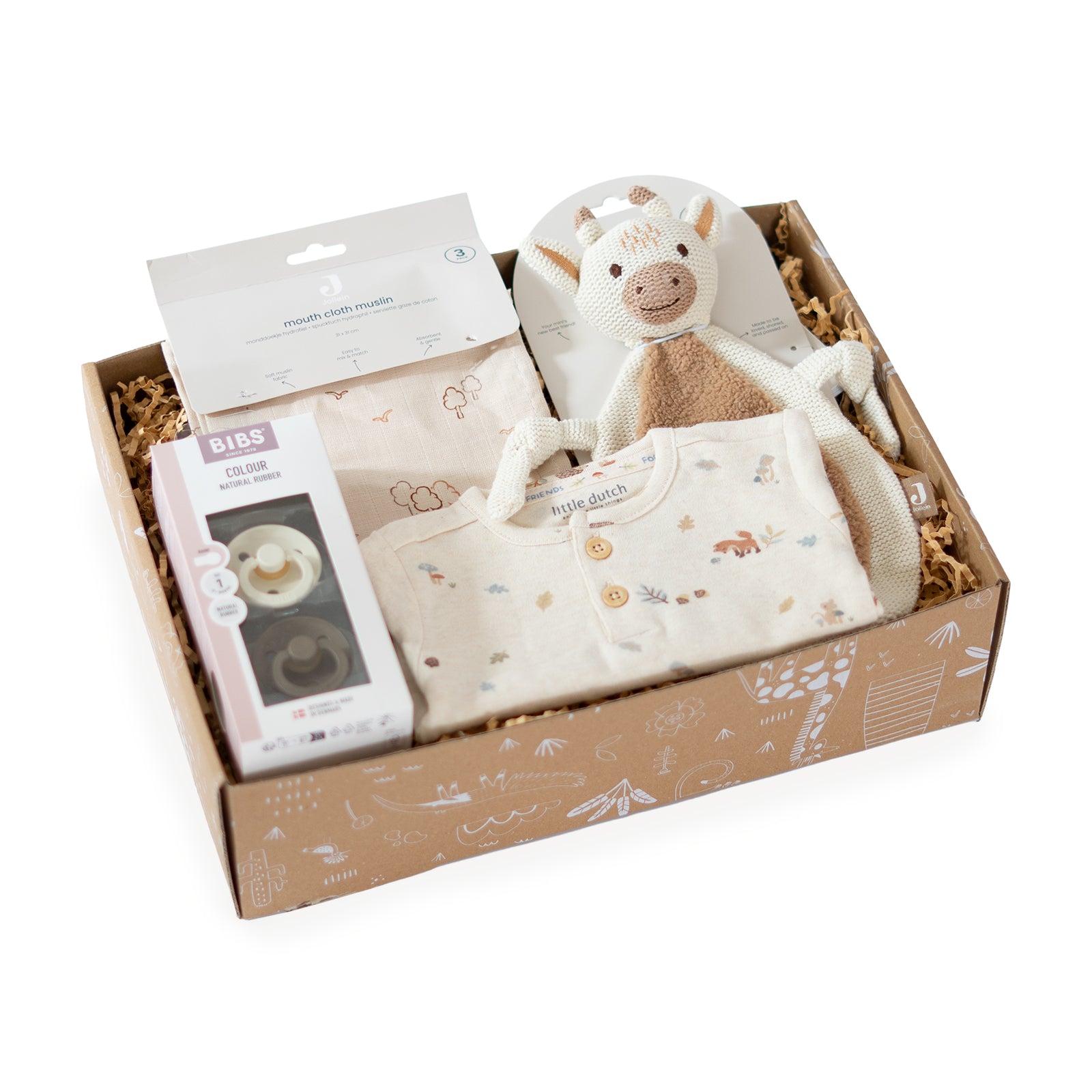 Neutraal kraamcadeau Natural Start met Jollein speendoekje en monddoekjes, BIBS speen en Little Dutch romper