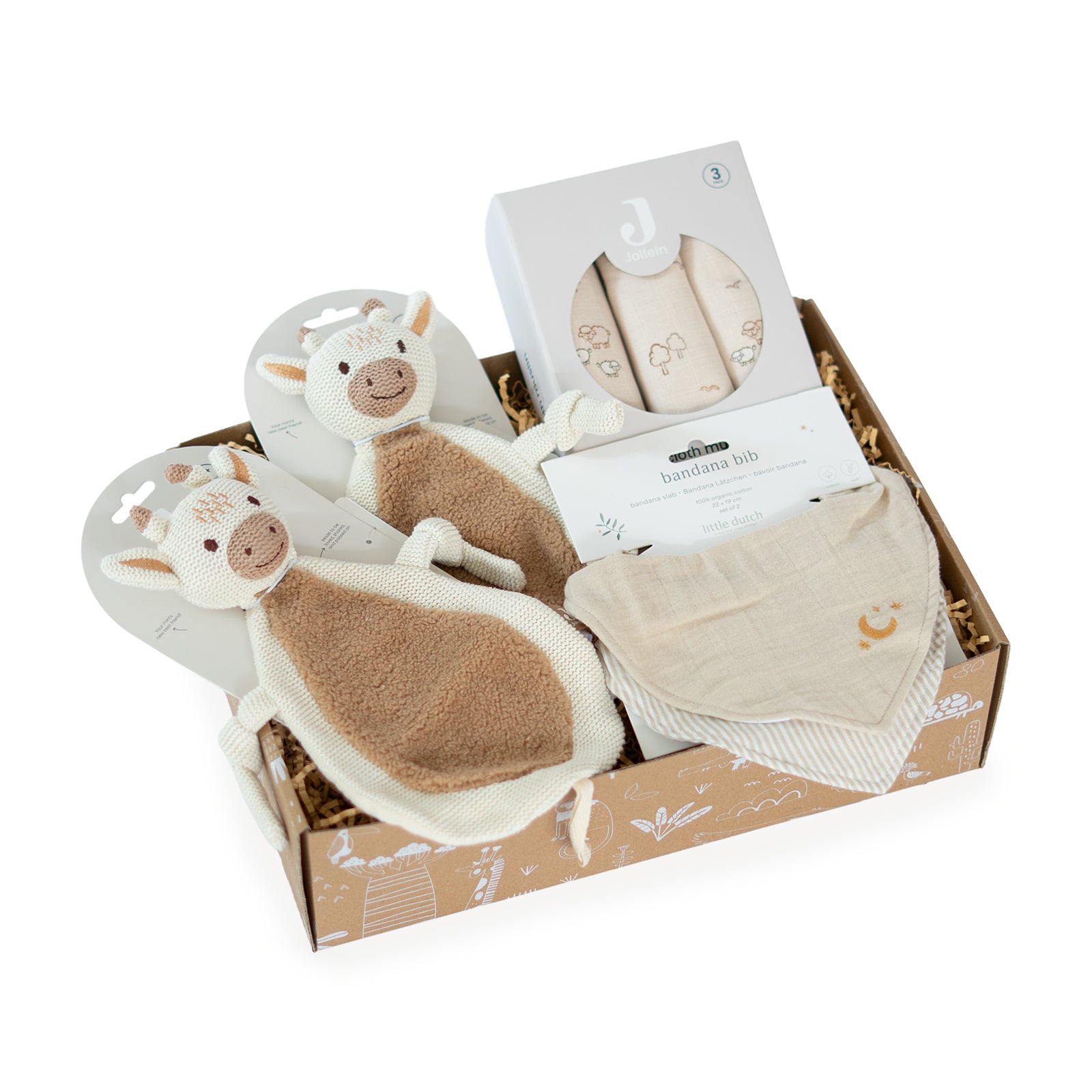 Neutraal kraamcadeau tweeling Twin Moments met twee Jollein Giraffe speendoekjes, hydrofiele doeken en slabbetjes