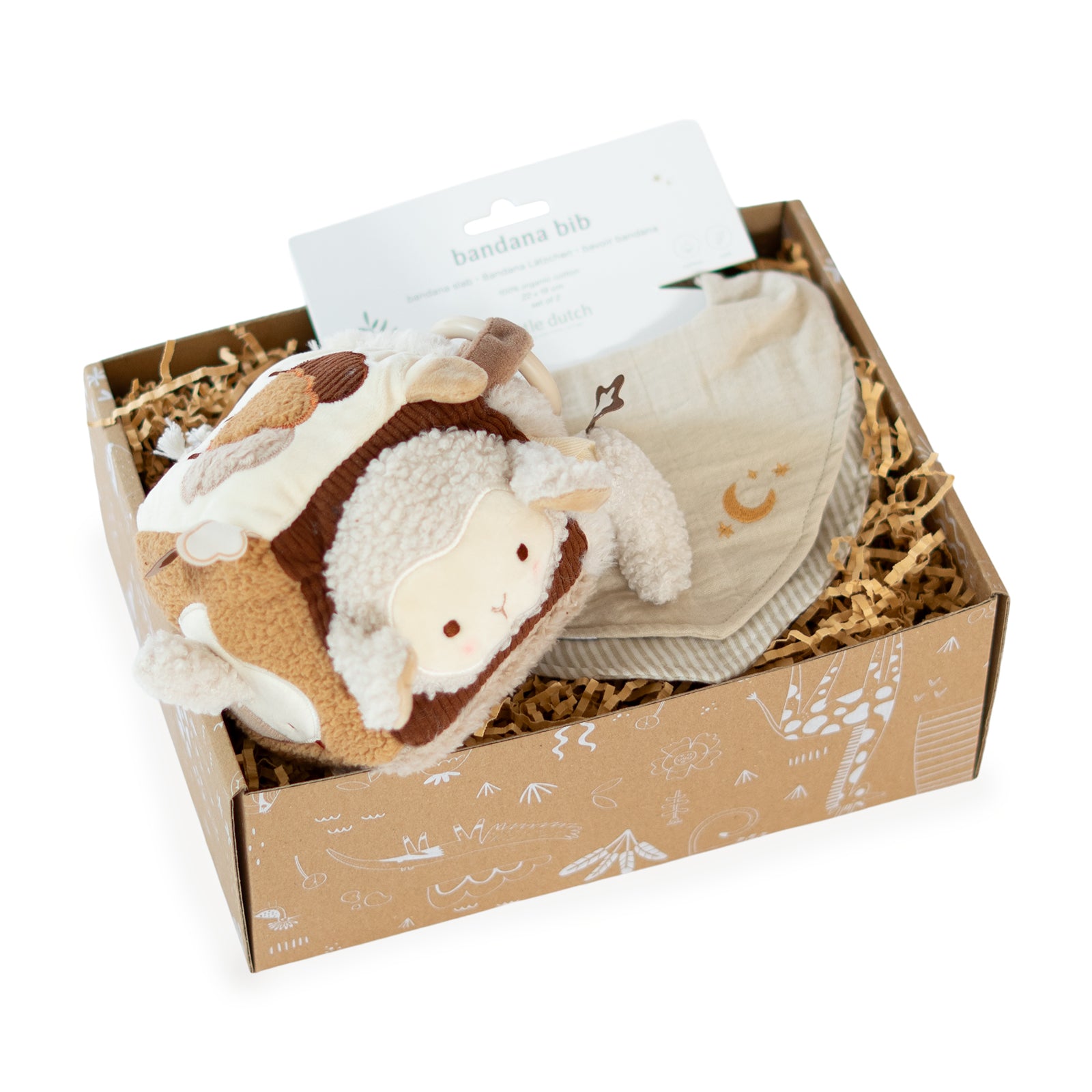 Neutraal kraamcadeau Woolly Moments met Jollein activiteitenkubus en Little Dutch bandana slabbetjes