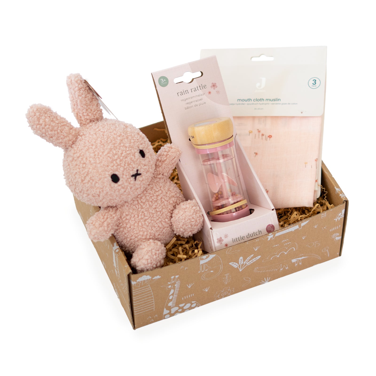 Nijntje kraamcadeau meisje Miffy Moments met roze Nijntje knuffel, Little Dutch regenrammelaar en Jollein monddoekjes