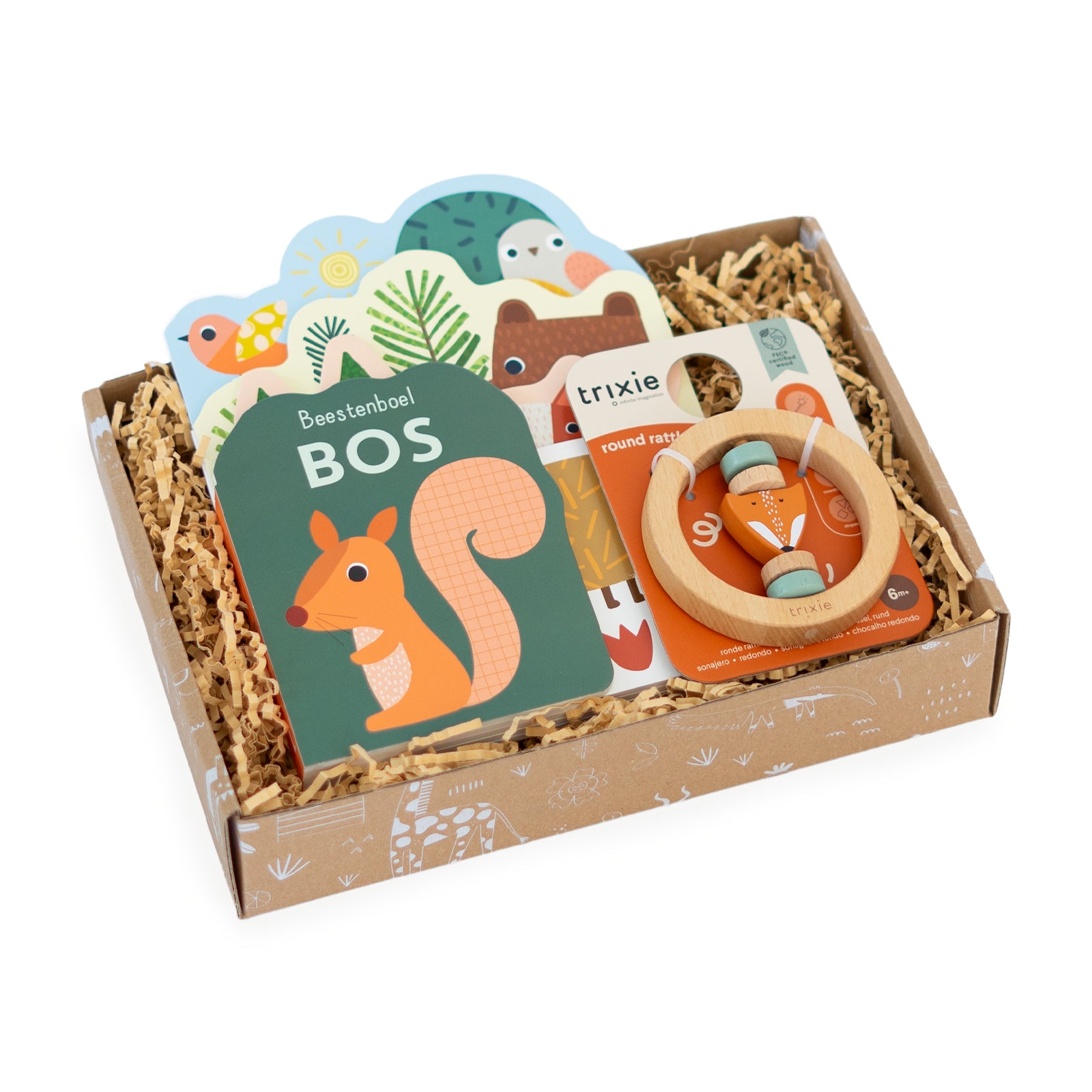 Origineel kraamcadeau Forest Friends met Trixie vos rammelaar en boekje over bosdieren