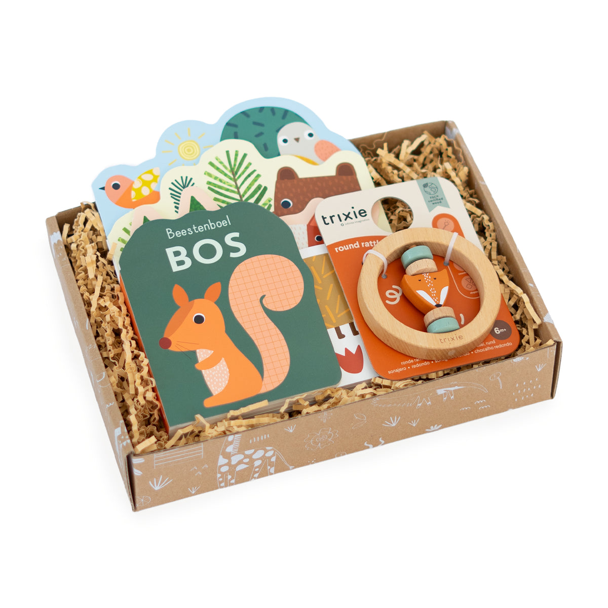 Origineel kraamcadeau Forest Friends met Trixie vos rammelaar en boekje over bosdieren