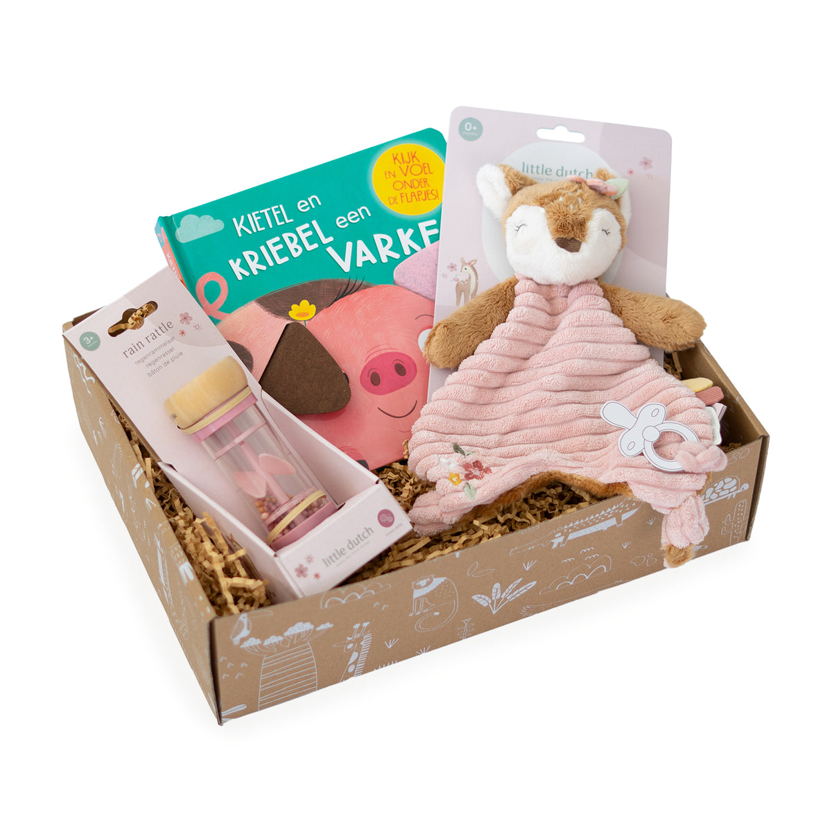 Origineel kraamcadeau meisje Miss Giggles met Little Dutch Fairy Garden knuffeldoekje, regenrammelaar en boekje