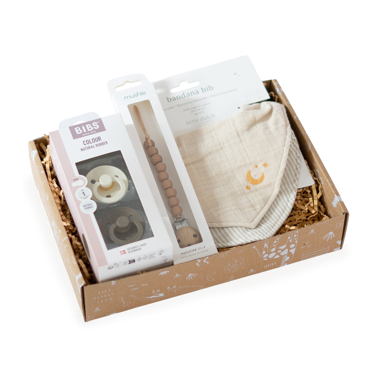 Praktisch kraamcadeau Baby Comfort met BIBS speen, Little Dutch bandana slab en Mushie speenkoord