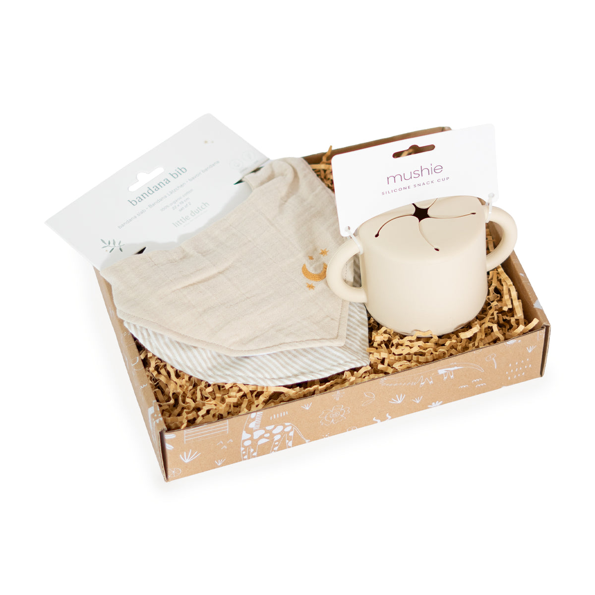 Praktisch kraamcadeau Snack on the Go met Mushie snack cup en Jollein hydrofiele monddoekjes