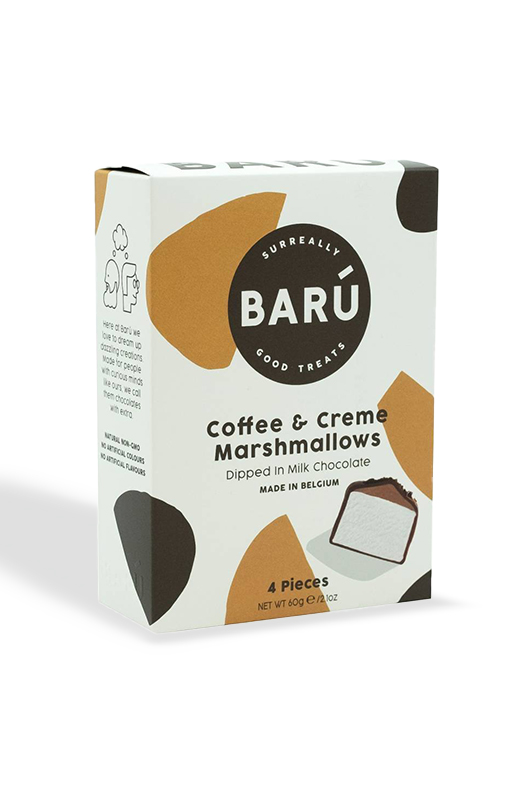 Barú - Coffee & creme marshmallows Inhoud: 60 gram Laat je verrassen door de perfecte balans tussen zacht, romig en knapperig met de Barú Coffee & Creme Marshmallows.. Deze marshmallows zijn omhuld met een heerlijke laag chocolade en hebben de rijke smaak van koffie. Een genot voor alle zintuigen!