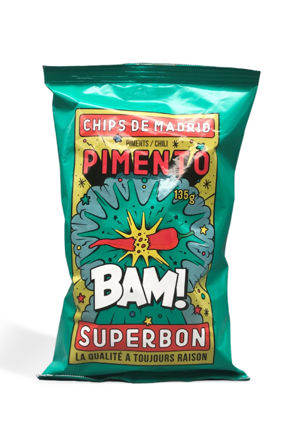 Superbon - chips pimento Inhoud: 135 gram Voeg wat pit toe aan je snacktijd met onze Superbon BAM! Chips. Deze knapperige chips zijn op smaak gebracht met cayennepeper en paprika, waardoor ze lekker pittig zijn. Geniet van de krokante textuur en volle aardappelsmaak. De chips bevat geen conserveermiddelen of kleurstoffen en wordt altijd geleverd in een kleurrijke verpakking. Laat je smaakpapillen knallen!