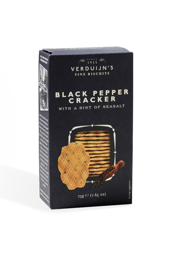 Verduijn's fine biscuits - pepercrackers Inhoud: 75 gram Geef je smaakpapillen een kick met de Verduijn's Pepercrackers. Deze zwarte peper crackers hebben een verrassend pittige smaak. Geniet van ze op zichzelf of probeer ze eens met foie gras en vijgen voor een heerlijke combinatie. Ontdek de perfecte balans tussen pittigheid en knapperigheid met elke hap.